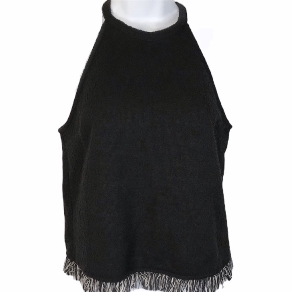 Zara Trafaluc black knit top with fringe NWT